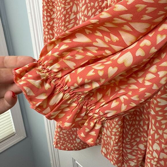 Suzanne Betro Top Women 2X Orange Pleated Hearts Print Tunic Blouse Valentines - Picture 3 of 9